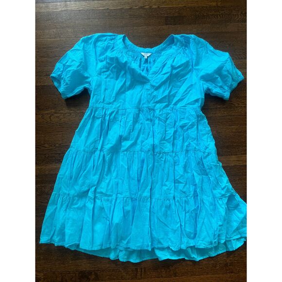 crown & ivy Dresses & Skirts - Crown & Ivy Pleated Ruffle Aqua 100% Cotton Short Sleeve Mini Dress Petite Small